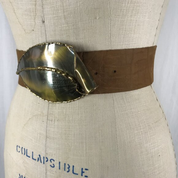 Vintage 80s Belt Artisan Hand crafted Brutalist Buckle tan leather - Picture 4 of 8